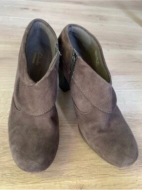Clarks Brown Suede Heeled Ankle Booties with Side Zip
